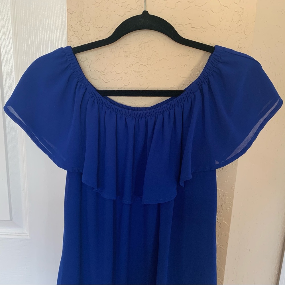 Blue Off-The-Shoulder Ruffle Dress w/ Pockets - Picture 6 of 7
